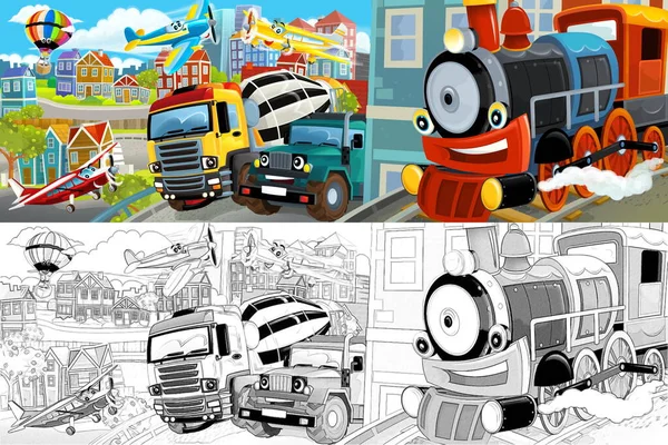 Dessin Animé Scène Joyeuse Drôle Milieu Une Ville Avec Camion — Photo