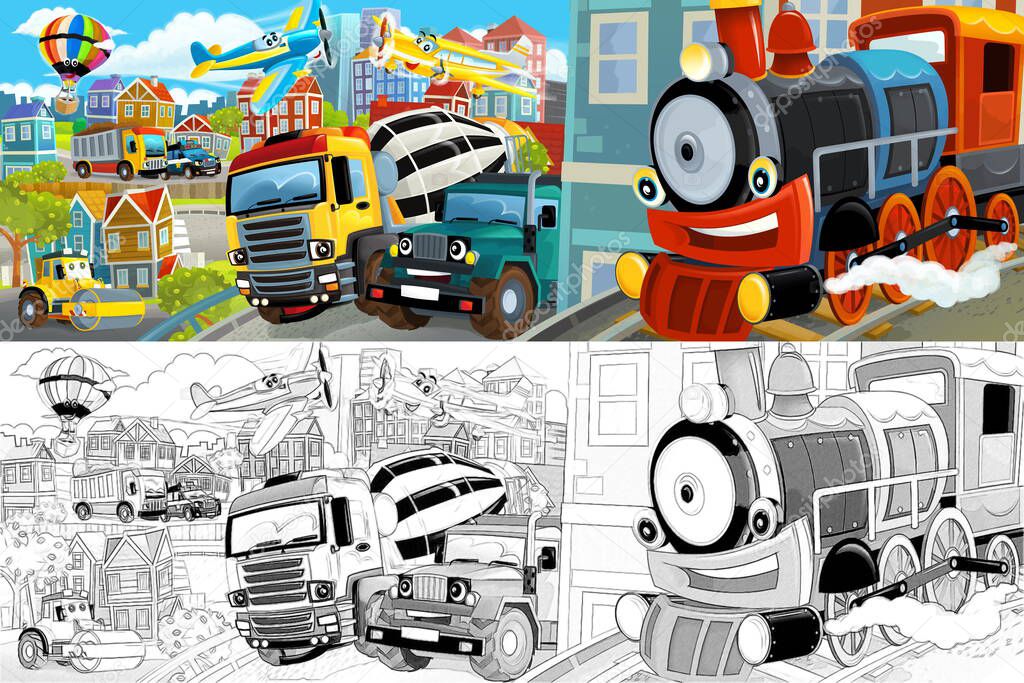 cartoon happy and funny scene of the middle of a city with dumper truck and with cars driving by - illustration for children