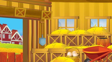 Tavuk ve yumurtalar için ahşap tavuk kümesi olan çizgi film sahnesi - çocuklar için parlak bir illüstrasyon - eğitici