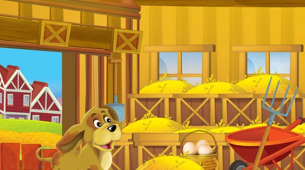 鶏と幸せな犬と卵のための木製の鶏小屋と漫画のシーン 子供たちのための明るいイラスト — ストック写真
