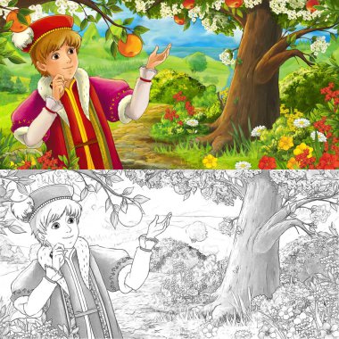 Mutlu genç erkek çocuk prens ya da çiftçinin gün içinde ormanda gezdiği çizim sahnesi - çocuklar için çizim