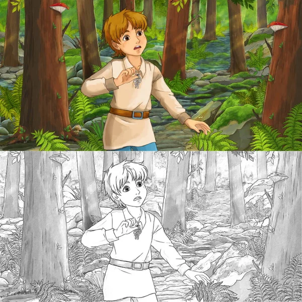 与快乐的小男孩 王子或农民在森林里进行白天旅行的卡通片场景 — 图库照片