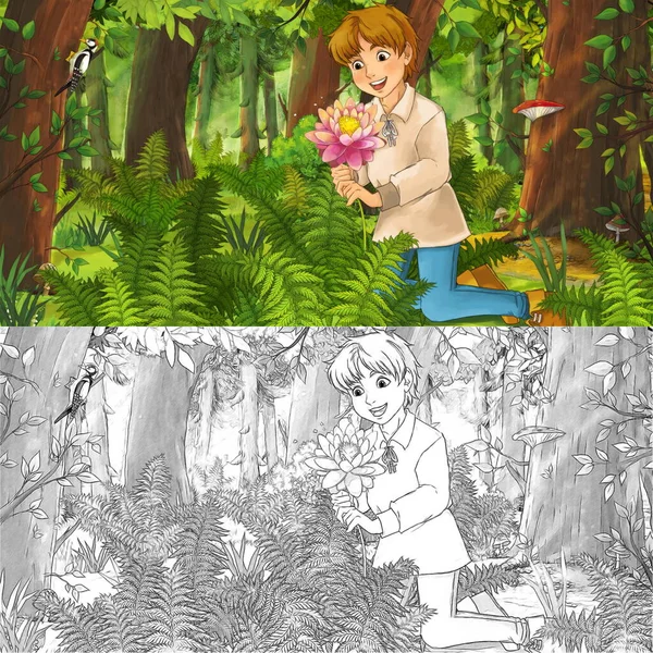 Escena Dibujos Animados Con Bosquejo Con Niño Niño Feliz Príncipe —  Fotos de Stock