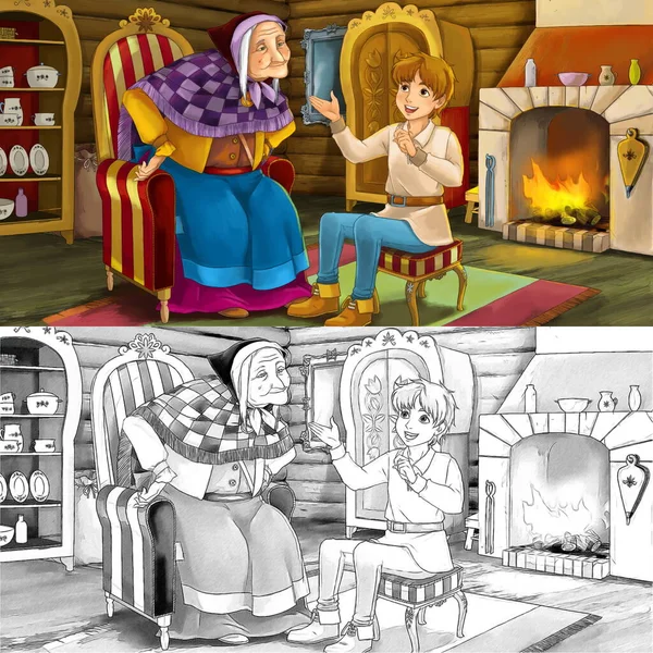 Cartoon Scene Sketch Mother Grandmother Boy Farm House Illustration Children — Stock Photo, Image