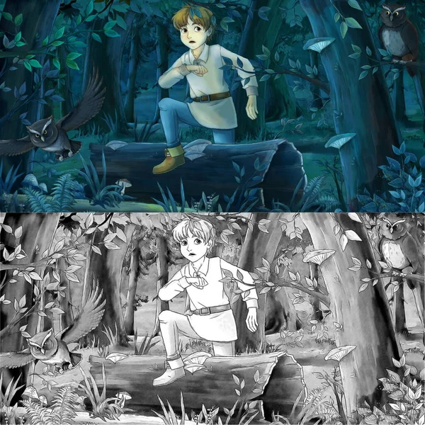 Cartoon Scene Sketch Happy Young Boy Child Prince Farmer Forest — Stock Photo, Image