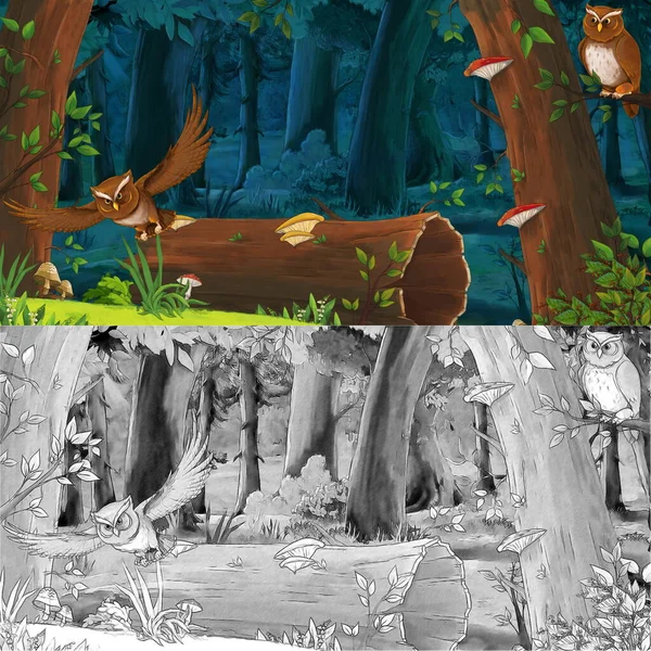 Dessin Animé Nature Avec Esquisse Scène Avec Forêt Personne Sur — Photo