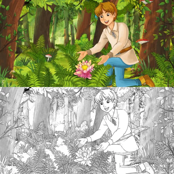 昼間の森の中を旅する幸せな少年王子や農家とのスケッチで漫画シーン 子供のためのイラスト — ストック写真