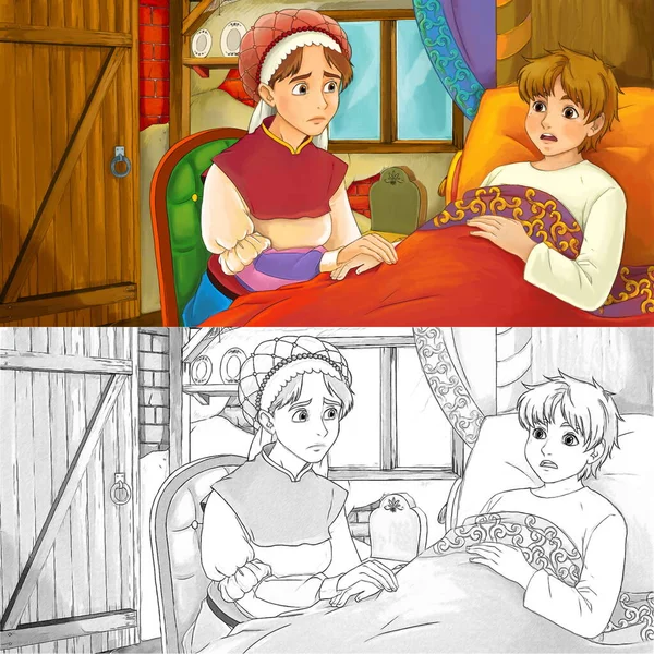 cartoon scene with sketch with mother or grandmother and boy in the farm house - illustration for children
