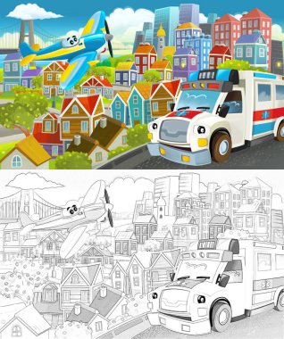 Uçan uçaklar ve çocuklar için araba çizimleri olan bir şehrin ortasındaki komik karikatür sahnesi