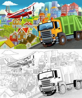 Uçan uçaklar ve çocuklar için araba çizimleri olan bir şehrin ortasındaki komik karikatür sahnesi