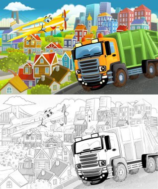 Uçan uçaklar ve çocuklar için araba çizimleri olan bir şehrin ortasındaki komik karikatür sahnesi