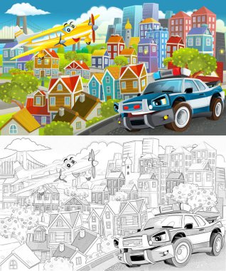 Uçan uçaklar ve çocuklar için araba çizimleri olan bir şehrin ortasındaki komik karikatür sahnesi