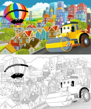 Uçan uçaklar ve çocuklar için araba çizimleri olan bir şehrin ortasındaki komik karikatür sahnesi