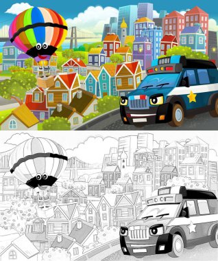 Uçan uçaklar ve çocuklar için araba çizimleri olan bir şehrin ortasındaki komik karikatür sahnesi