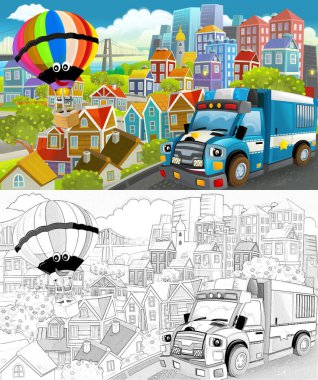 Uçan uçaklar ve çocuklar için araba çizimleri olan bir şehrin ortasındaki komik karikatür sahnesi