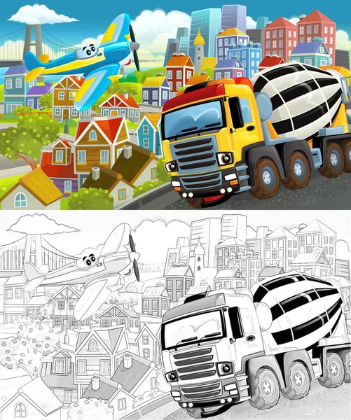 连环画城市中心地带的卡通画 为孩子们提供飞机和汽车图解 — 图库照片