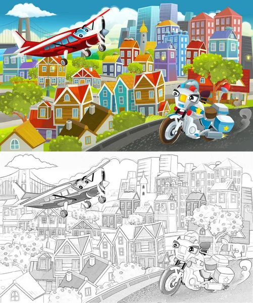 Cartoon Funny Scene Sketch Middle City Flying Plane Car Vehicle — Stock Photo, Image