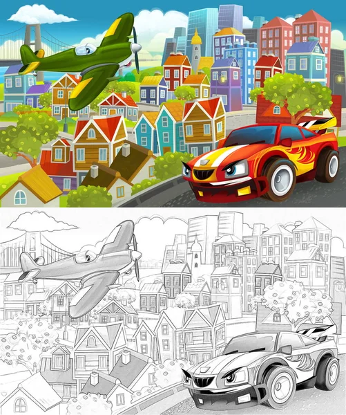 空飛ぶ飛行機や子供のための車のイラストで街の真ん中のスケッチと漫画面白いシーン — ストック写真
