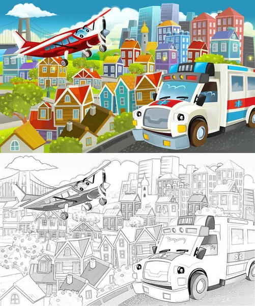 Cartoon Funny Scene Sketch Middle City Flying Plane Car Vehicle — Stock Photo, Image