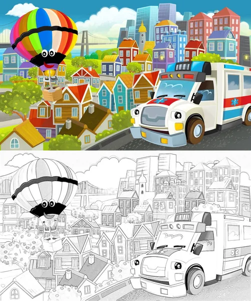 Cartoon Funny Scene Sketch Middle City Flying Plane Car Vehicle — Stock Photo, Image