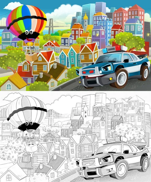 Cartoon Funny Scene Sketch Middle City Flying Plane Car Vehicle — Stock Photo, Image