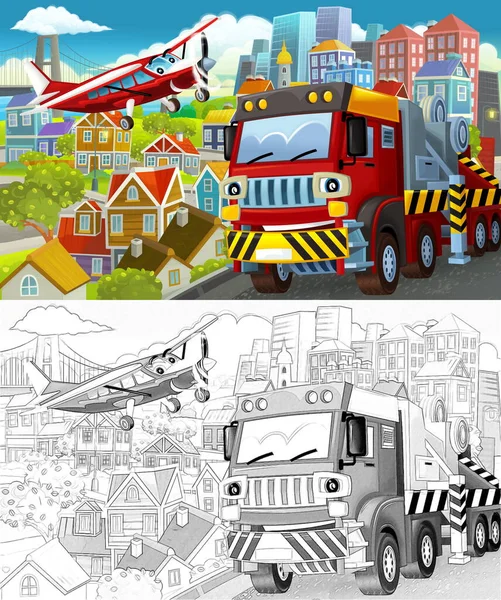 Cartoon Funny Scene Sketch Middle City Flying Plane Car Vehicle — Stock Photo, Image