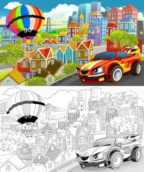 Cartoon Funny Scene Sketch Middle City Flying Plane Car Vehicle — Stock Photo, Image