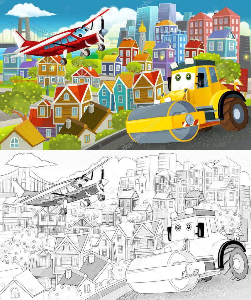 cartoon funny scene with sketch of the middle of a city with flying plane and car vehicle illustration for children