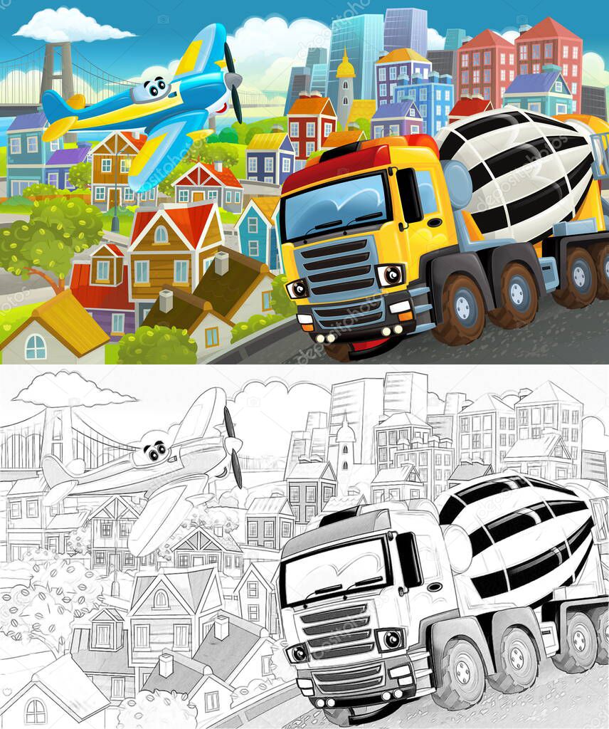 cartoon funny scene with sketch of the middle of a city with flying plane and car vehicle illustration for children