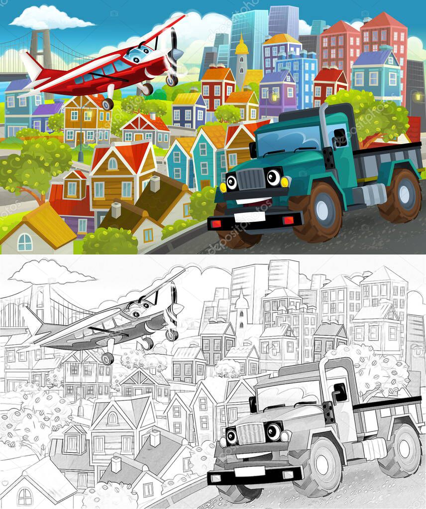 cartoon funny scene with sketch of the middle of a city with flying plane and car vehicle illustration for children