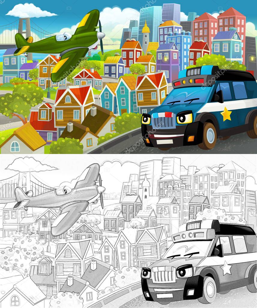 cartoon funny scene with sketch of the middle of a city with flying plane and car vehicle illustration for children