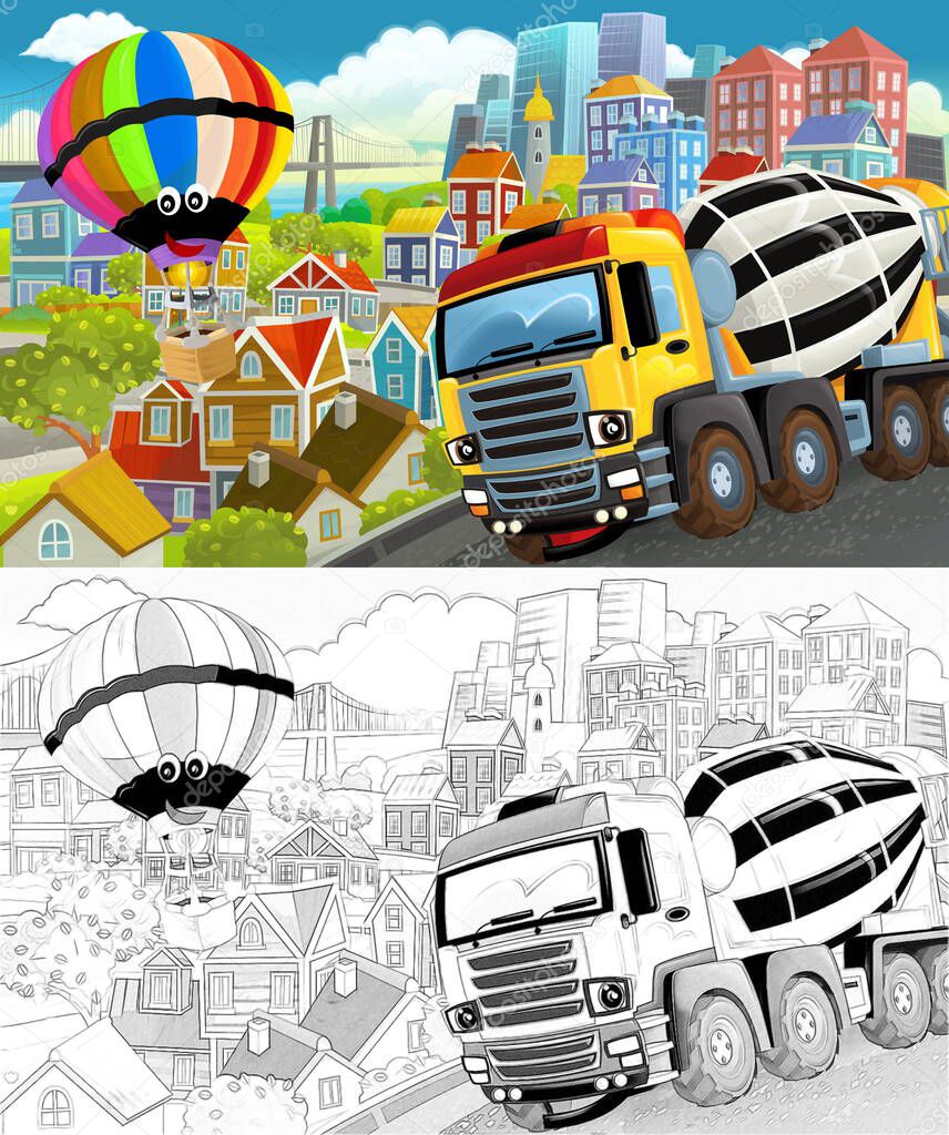 cartoon funny scene with sketch of the middle of a city with flying plane and car vehicle illustration for children