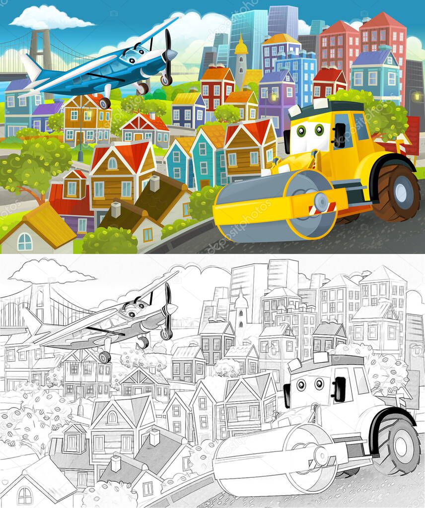 cartoon funny scene with sketch of the middle of a city with flying plane and car vehicle illustration for children