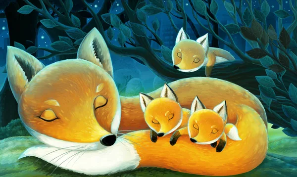 Escena Dibujos Animados Con Animales Familia Zorros Bosque Durmiendo Por —  Fotos de Stock