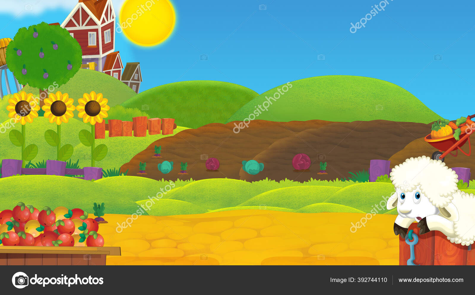 Adegan Peternakan Kartun Dengan Rumah Kayu Pedesaan Ilustrasi Untuk Anak Stok Foto Illustrator Hft 392744110