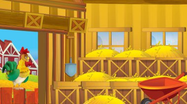 Tavuk ve yumurtalar için ahşap tavuk kümesi olan çizgi film sahnesi - çocuklar için parlak bir illüstrasyon - eğitici