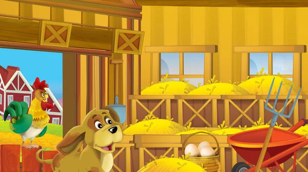 Cartoon Scene Wooden Chicken Coop Hen Eggs Happy Dog Bright — Stock Photo, Image
