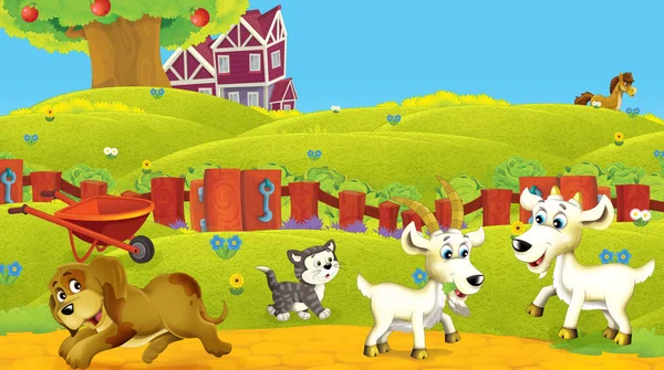 Cartoon Scene Farm Animal Ranch Farm Having Fun Illustration Children — Stock Photo, Image