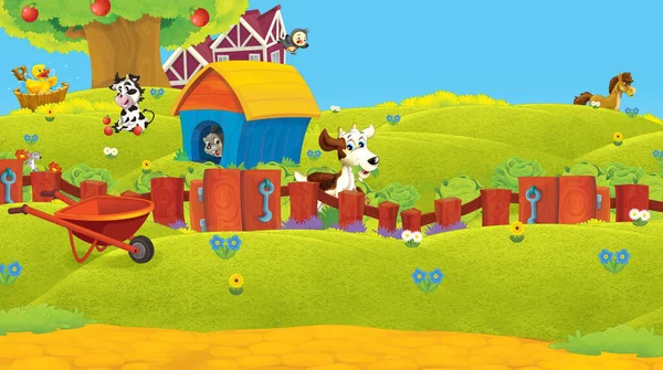 Zeichentrickszene Mit Nutztieren Auf Dem Bauernhof Die Spaß Haben Illustration — Stockfoto