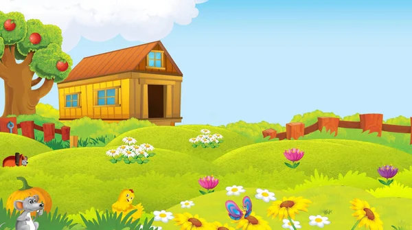 Scena Kreskówek Zwierzętami Gospodarskimi Farmie Bawiącej Się Ilustracja Dla Dzieci — Zdjęcie stockowe