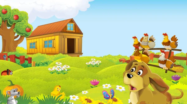 cartoon scene with farm animal on ranch farm having fun - illustration for children