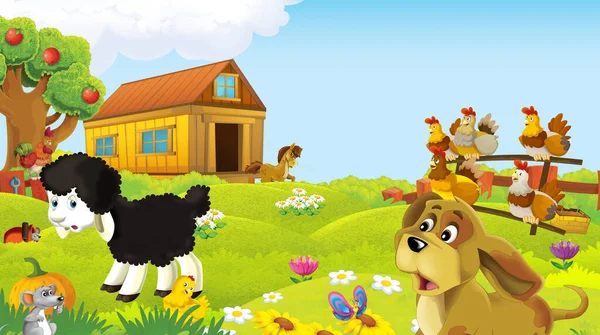 Cartoon Scene Farm Animal Ranch Farm Having Fun Illustration Children — Stock Photo, Image