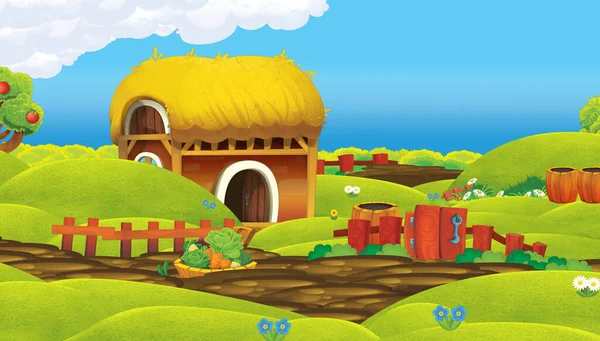 Cartoon Farm Ranch Szene Bunte Wiese Bühne Für Verschiedene Zwecke — Stockfoto