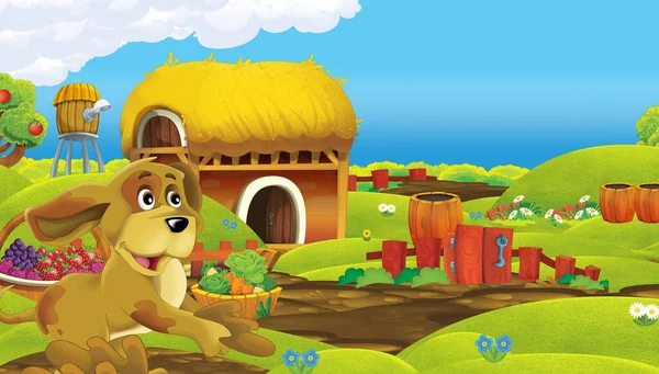 Tecknad Scen Med Husdjur Gården Ranch Äng Illustration För Barn — Stockfoto