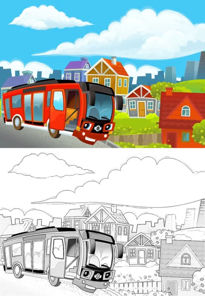 バス運転で街の真ん中をスケッチした漫画シーン 子供向けイラスト — ストック写真