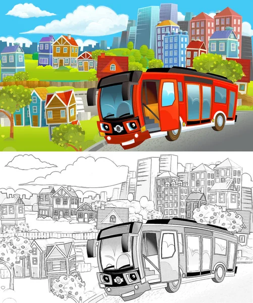 Cartoon Scene Sketch Middle City Bus Driving Illustration Children — Stock Photo, Image