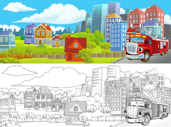 Zeichentrickszene Mit Skizze Der Mitte Einer Stadt Mit Vorbeifahrendem Auto — Stockfoto