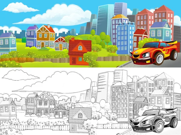 車で街の真ん中をスケッチした漫画シーンを運転することで 子供向けイラスト — ストック写真