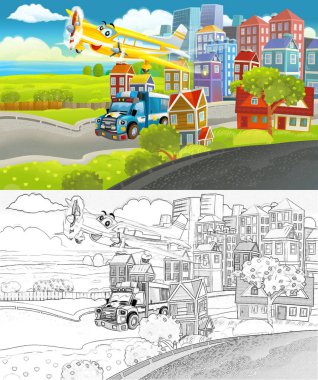 Şehrin ortasında çocuklar için resimli bir arabayla geçen bir karikatür sahnesi.