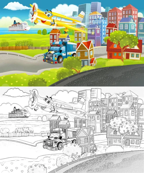 Cartoon Scene Sketch Middle City Car Driving Illustration Children — Stock Photo, Image